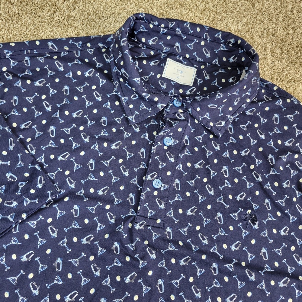 Crown & Ivy Mens XL Blue AOP Martini Glass Performance Stretch Polo SS